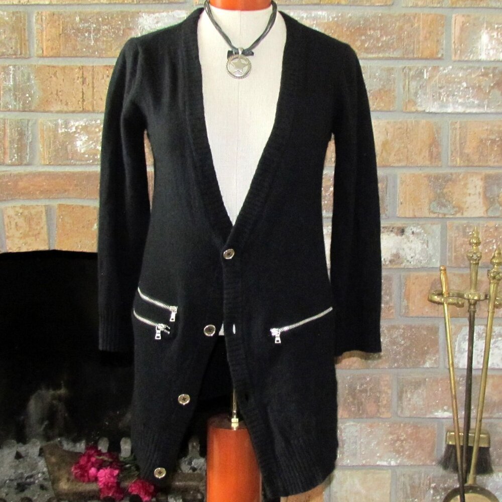 BLACK LAMBSWOOL & ANGORA SWEATER w ZIPPER POCKETS, M, IZZUE CARDIGAN w BUTTONS